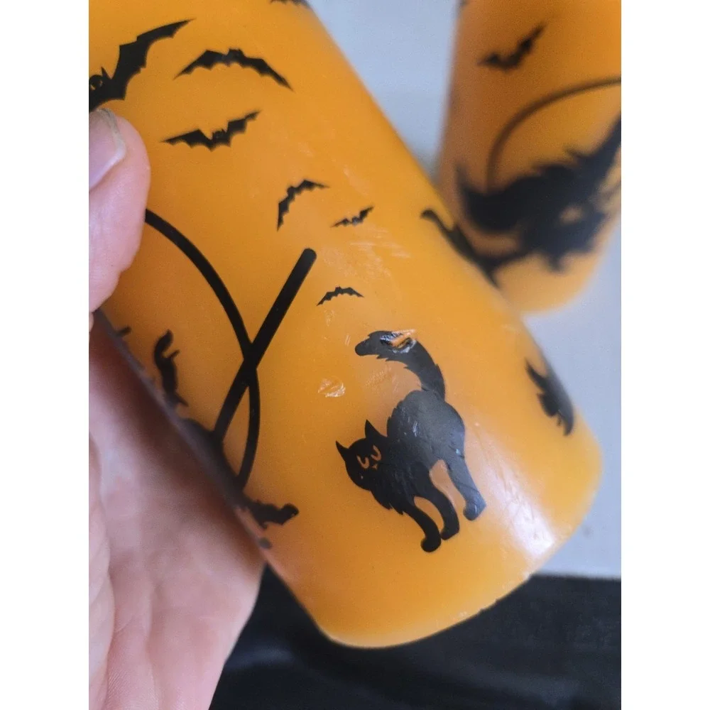 2 Halloween Flameless LED Pillar Candles Orange Black Witch Cat Bats Wax Battey